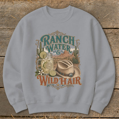 Crewneck sweatshirt with "Ranch Water & Wild Hair" desert graphic.