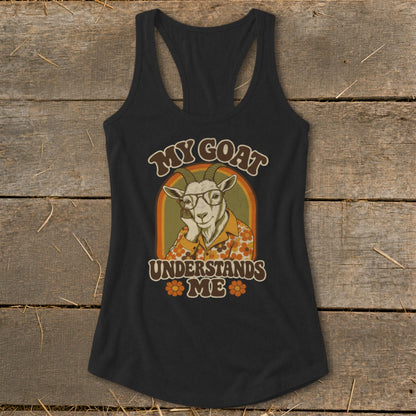 Black tank top with graphic of a goat wearing glasses and a floral shirt.
