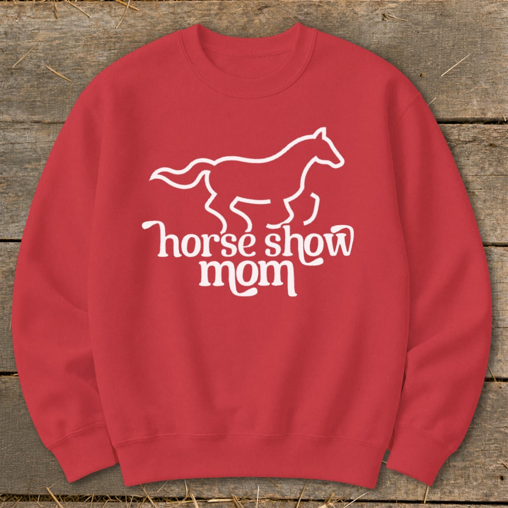 Red sweatshirt with white outline of a horse and text "horse show mom".