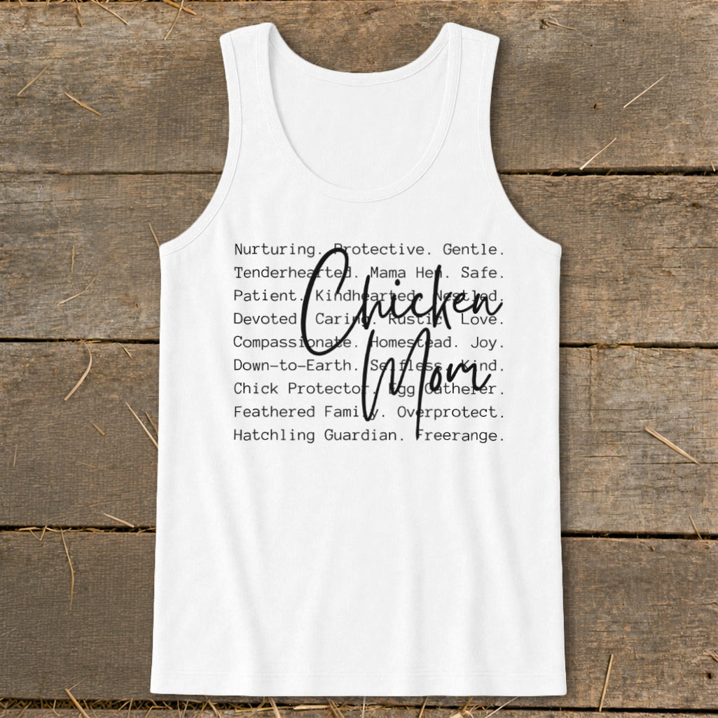 White tank top with "Chicken Mom" text surrounded by descriptive words.