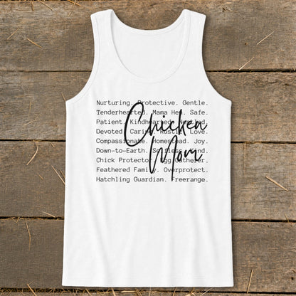 White tank top with "Chicken Mom" text surrounded by descriptive words.