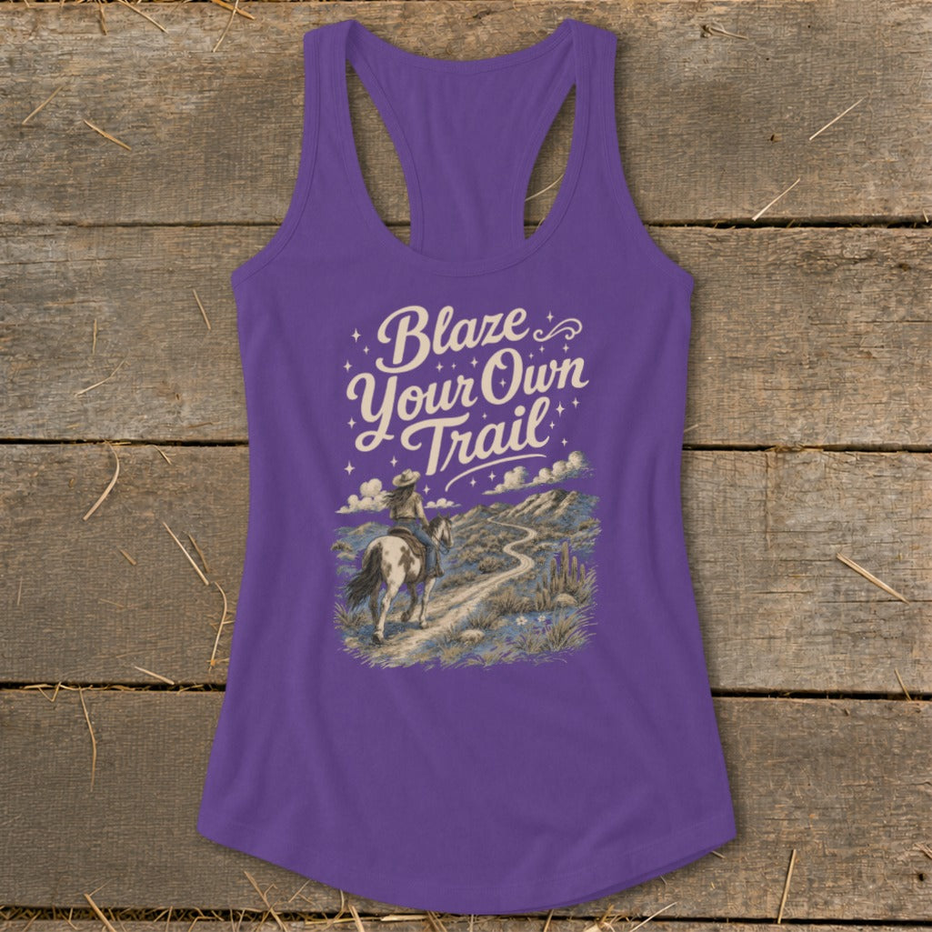Purple tank top with "Blaze Your Own Trail" and a woman riding a horse.