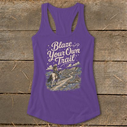 Purple tank top with "Blaze Your Own Trail" and a woman riding a horse.