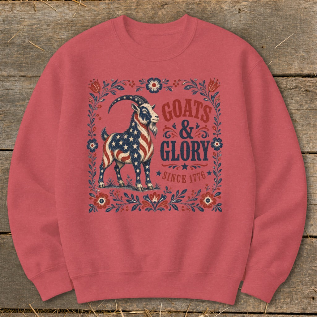 Crewneck sweatshirt with a goat design and text "Goats & Glory Since 1776".