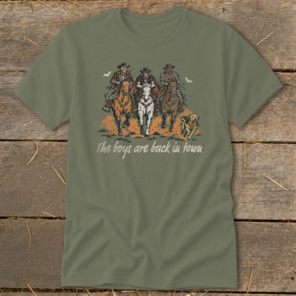 Three figures on horseback, a skeleton, a vampire, and a zombie, ride with a dog.