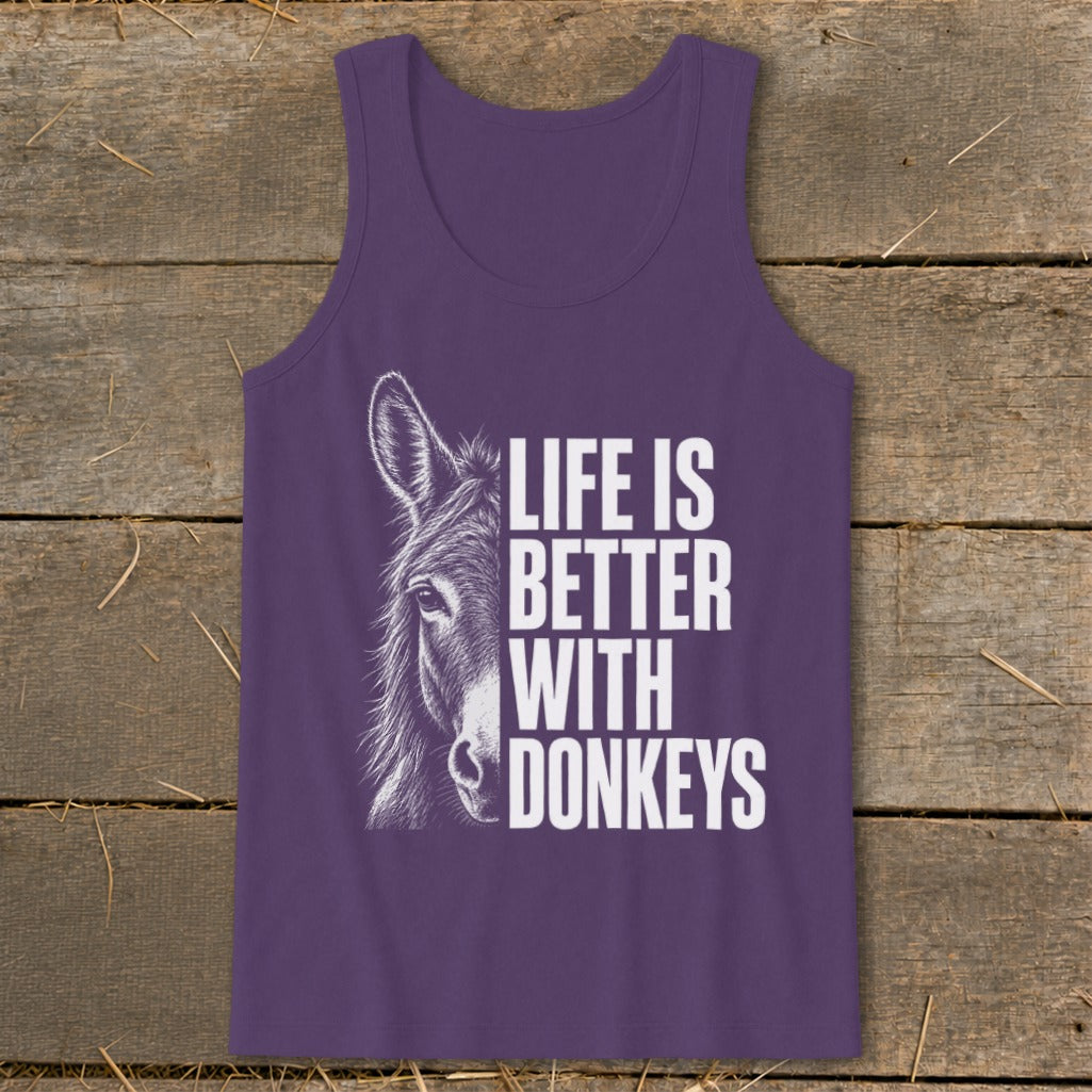 Purple tank top with a donkey graphic and text: "Life Is Better With Donkeys".