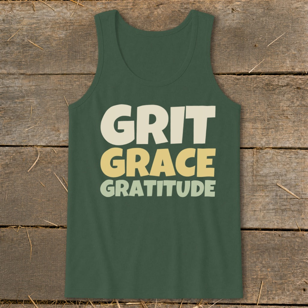 A dark green tank top featuring the words GRIT GRACE GRATITUDE printed on the front in stacked, multi-colored letters.
