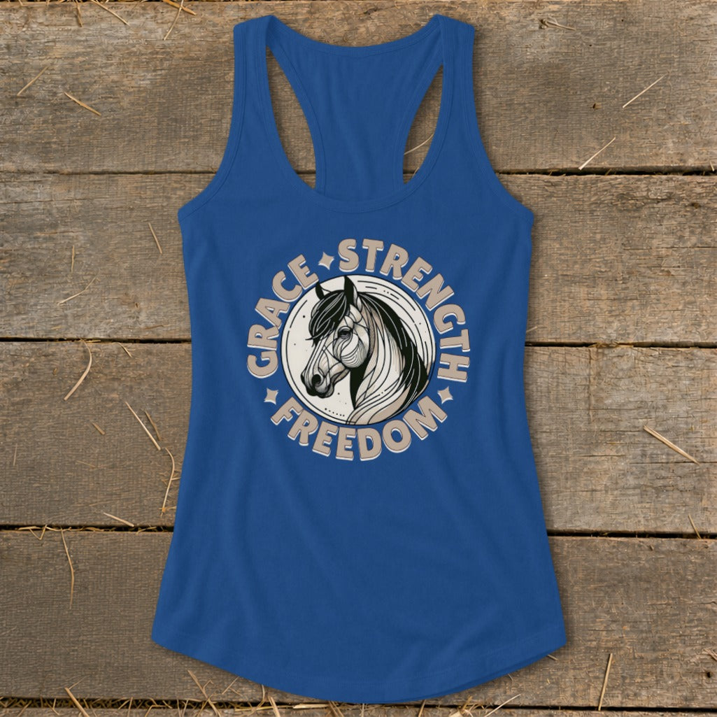 Blue tank top with a circular graphic featuring a horse head and text "GRACE STRENGTH FREEDOM".