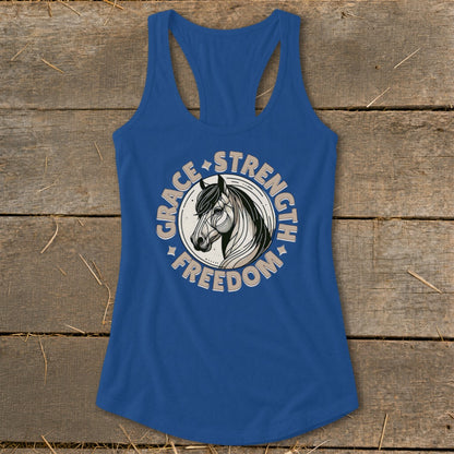Blue tank top with a circular graphic featuring a horse head and text "GRACE STRENGTH FREEDOM".