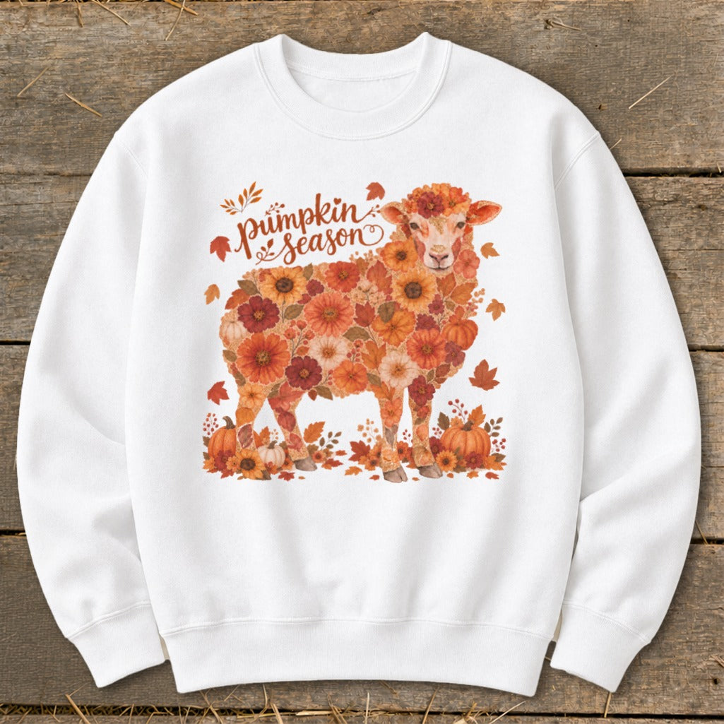 White sweatshirt with a sheep graphic made of fall flowers and text "pumpkin season".