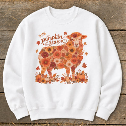 White sweatshirt with a sheep graphic made of fall flowers and text "pumpkin season".