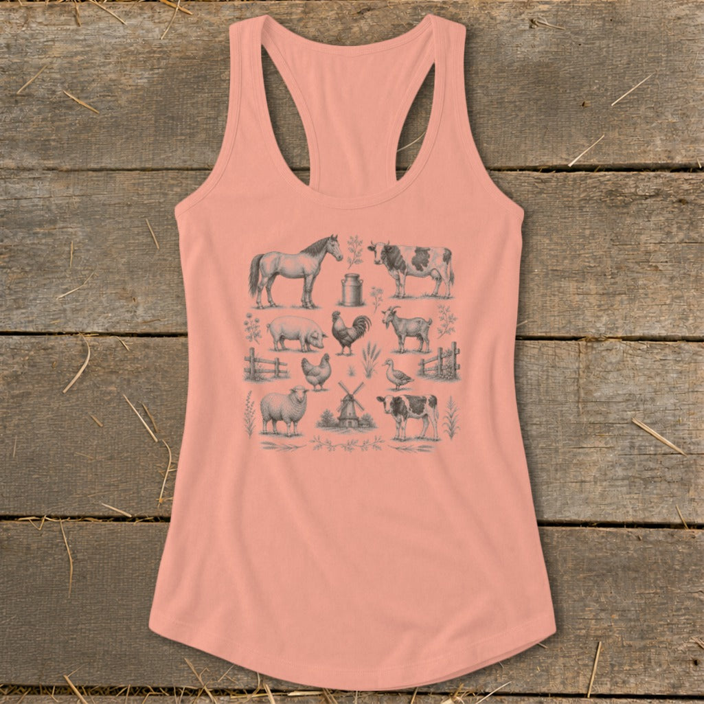 Peach tank top with a detailed vintage farm animal sketch pattern.