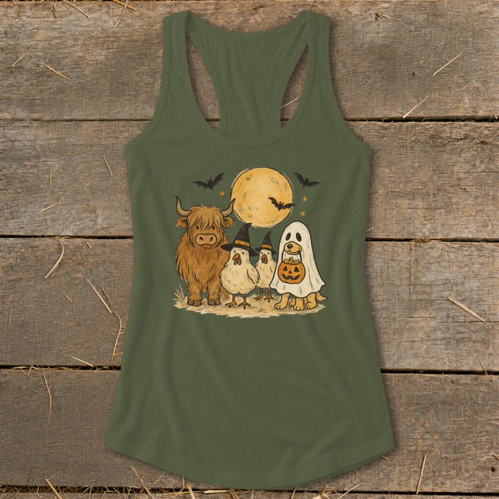 Highland cow, chickens, and dog in ghost costume with pumpkin under moon.