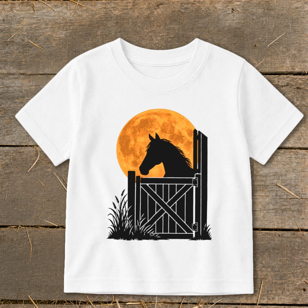 A white short-sleeved t-shirt featuring a graphic of a horse silhouette looking over a stable door against an orange full moon.