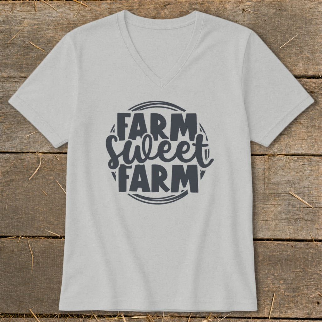 Light gray v-neck t-shirt with "FARM Sweet FARM" text design.