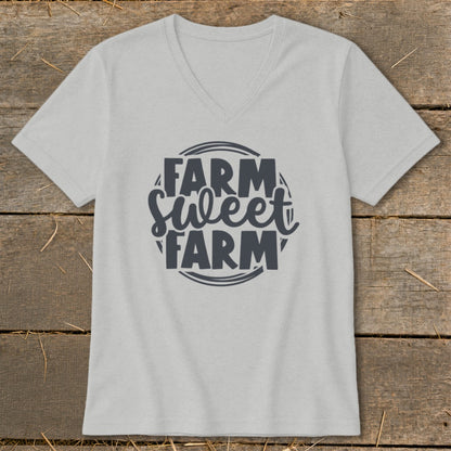Light gray v-neck t-shirt with "FARM Sweet FARM" text design.