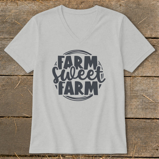 Light gray v-neck t-shirt with "FARM Sweet FARM" text design.