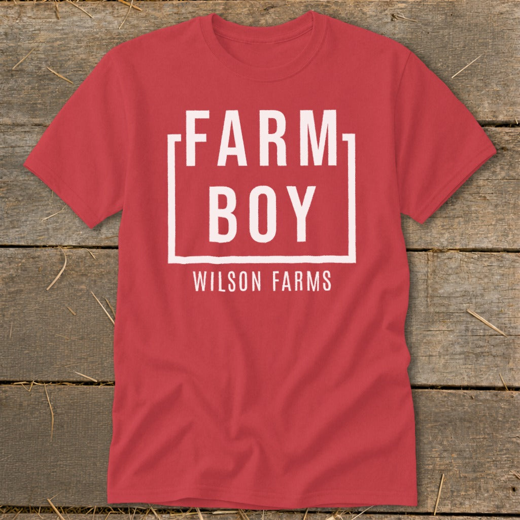 Red t-shirt with "FARM BOY WILSON FARMS" printed on it.