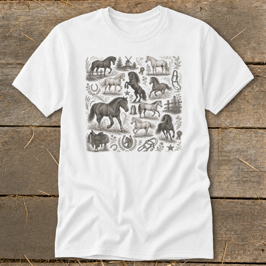 White t-shirt with a collage of vintage horse illustrations and equestrian elements.