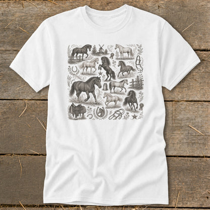 White t-shirt with a collage of vintage horse illustrations and equestrian elements.