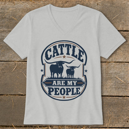 Light grey t-shirt with graphic text "Cattle Are My People" and two longhorn silhouettes.