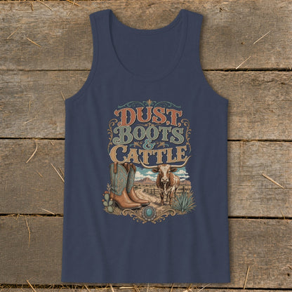 Navy tank top with "Dust Boots & Cattle" graphic featuring boots, bull, and desert landscape.
