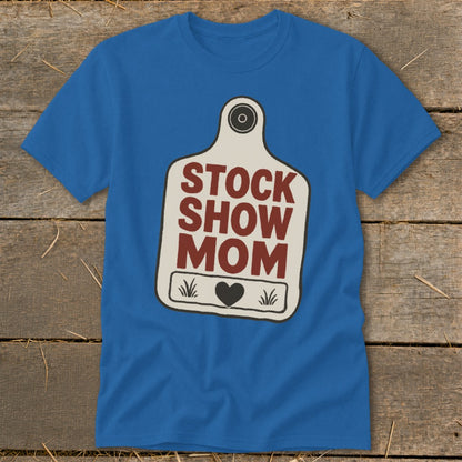 Blue t-shirt with a white tag graphic that reads "STOCK SHOW MOM."