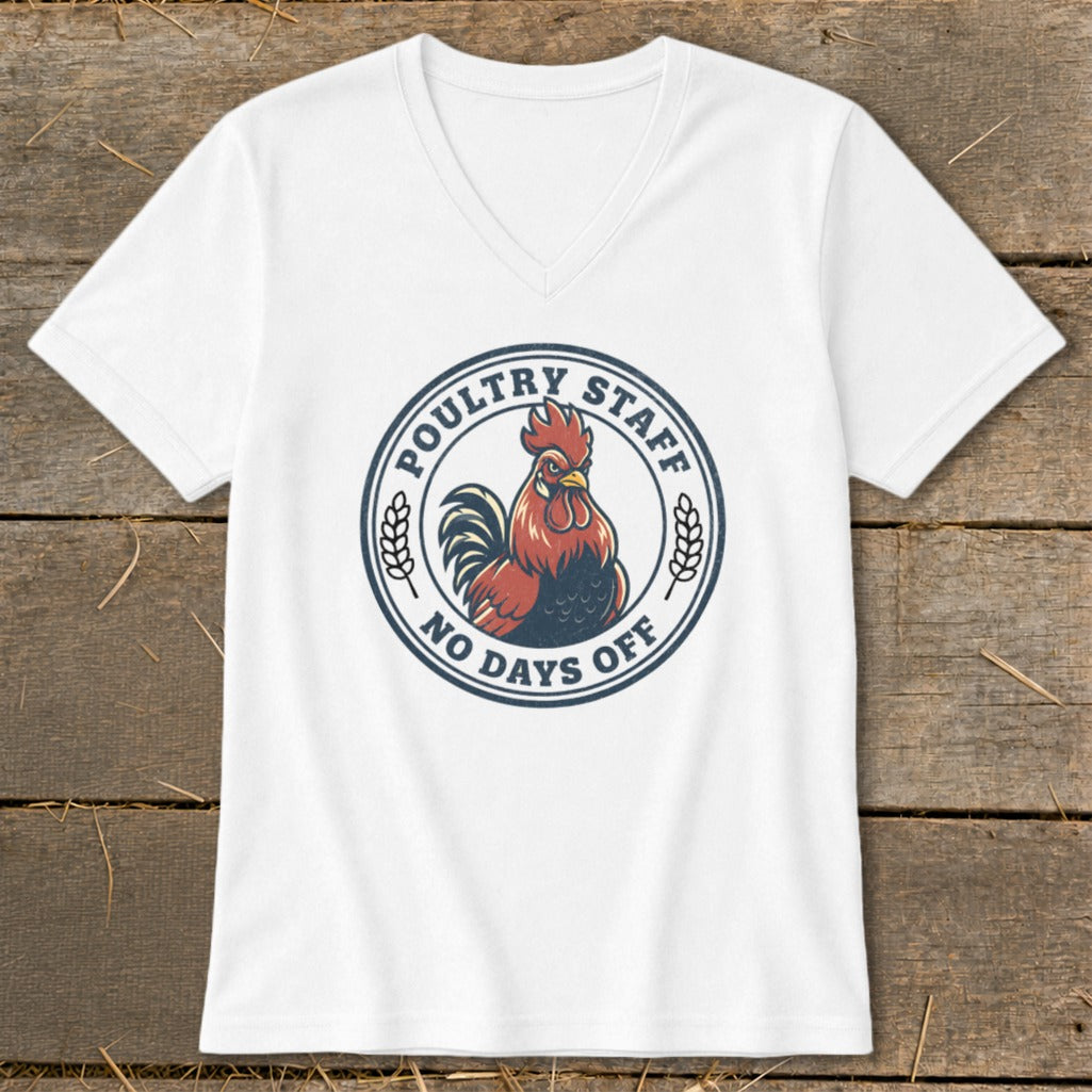 White v-neck t-shirt with a circular graphic featuring a rooster and text.