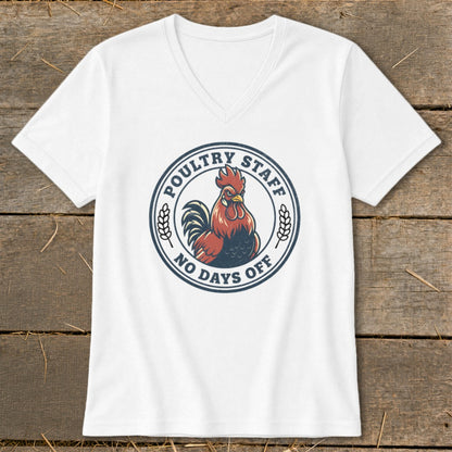 White v-neck t-shirt with a circular graphic featuring a rooster and text.