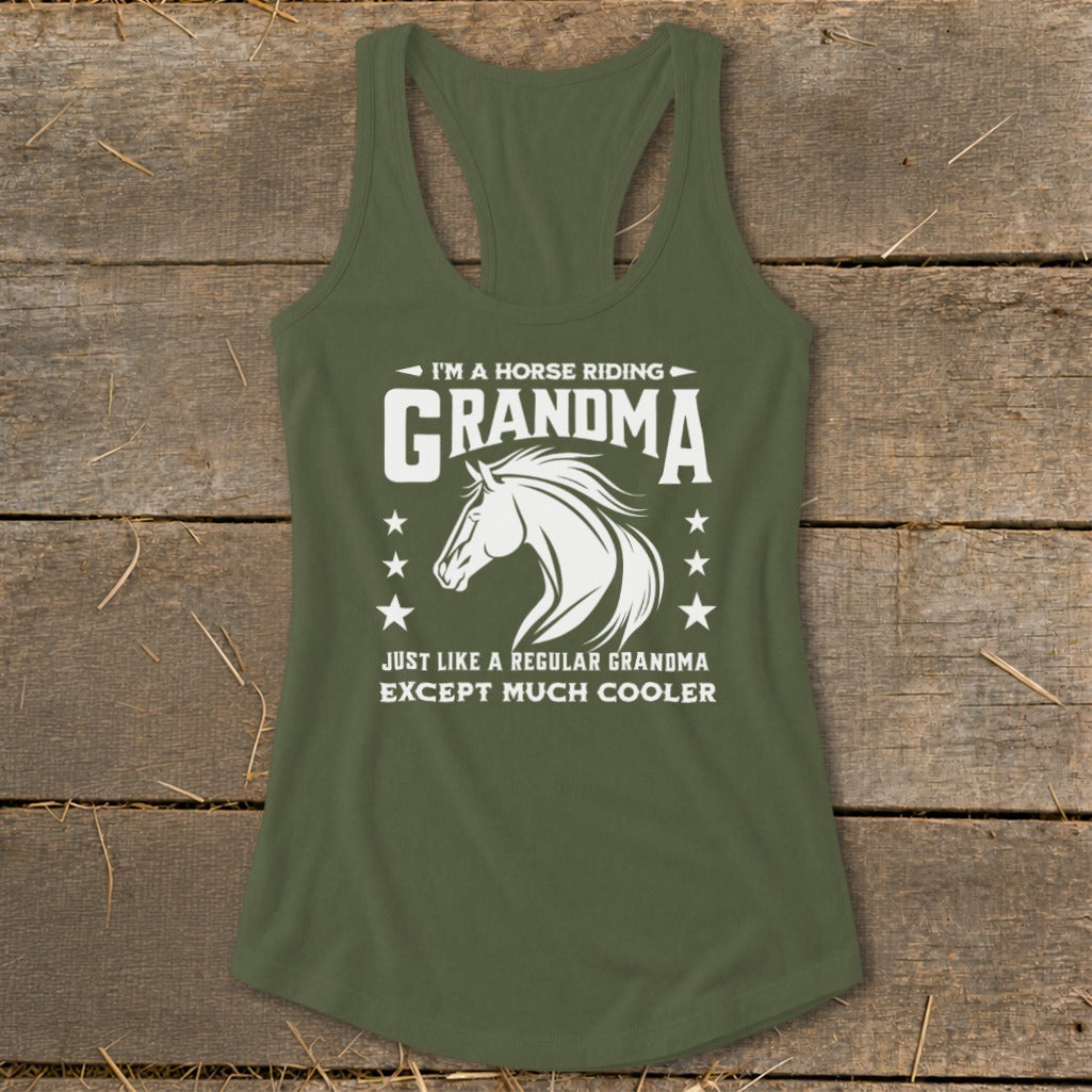 Green tank top with horse graphic and "Grandma" text.