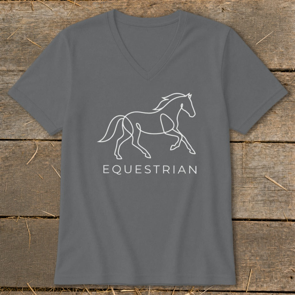Gray v-neck t-shirt with white line drawing of a horse and text "EQUESTRIAN".