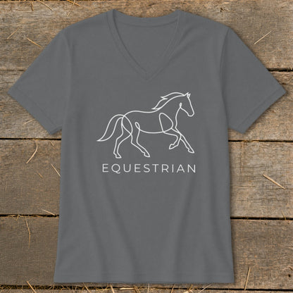 Gray v-neck t-shirt with white line drawing of a horse and text "EQUESTRIAN".