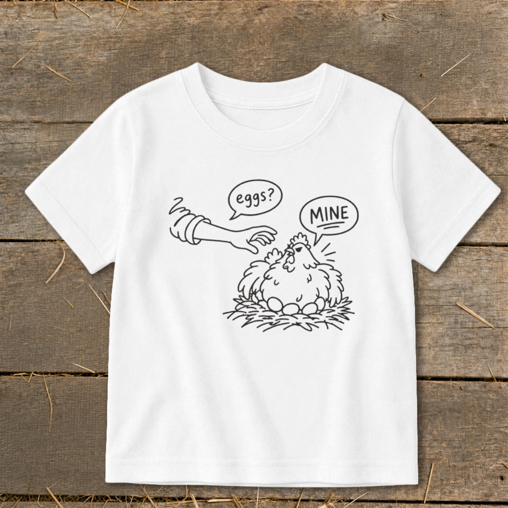 Chicken sitting on eggs with speech bubbles saying "eggs?" and "MINE".