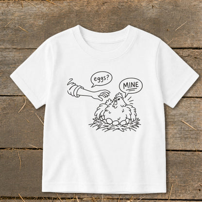 Chicken sitting on eggs with speech bubbles saying "eggs?" and "MINE".