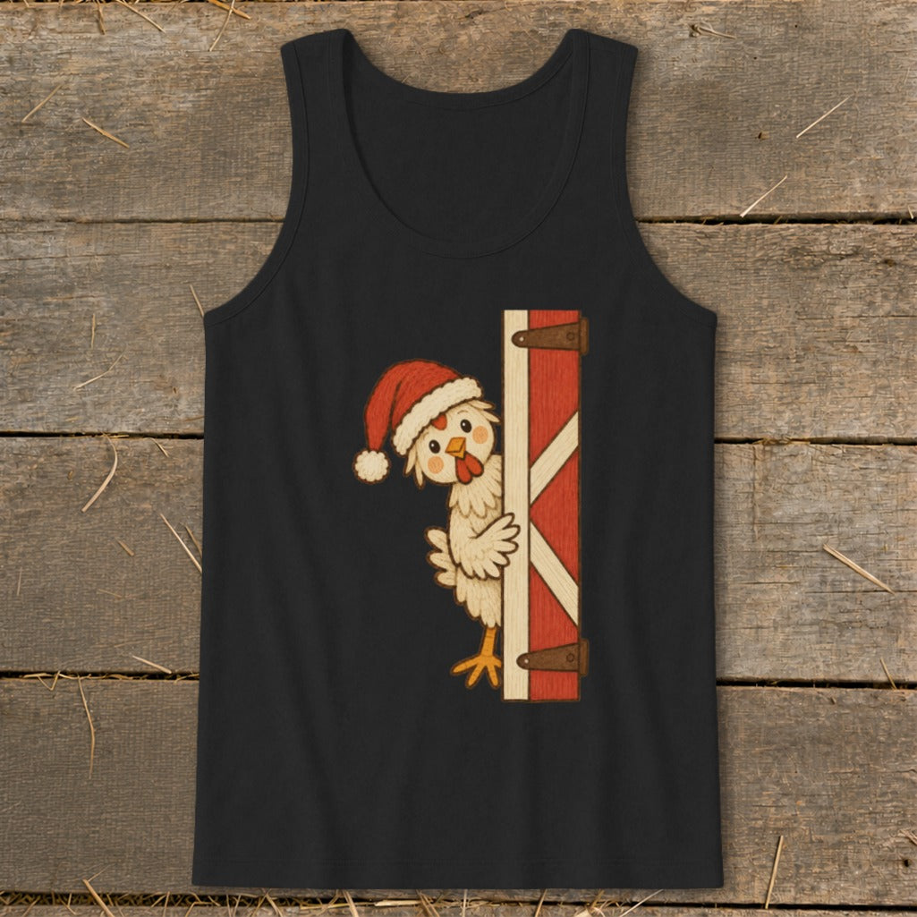 Black tank top with a cartoon chicken in a Santa hat peeking from behind a barn door.