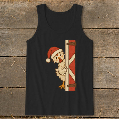 Black tank top with a cartoon chicken in a Santa hat peeking from behind a barn door.