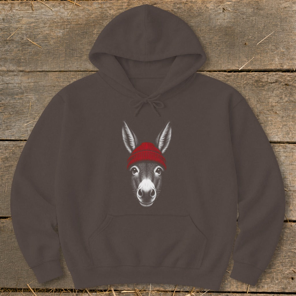 A dark brown hooded sweatshirt features a centered white illustration of a donkey wearing a red beanie.