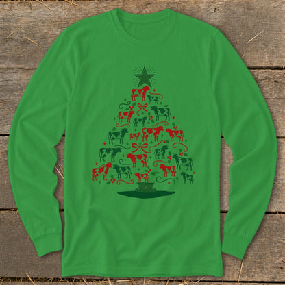 Green long sleeve shirt with a Christmas tree made of red and green cows.
