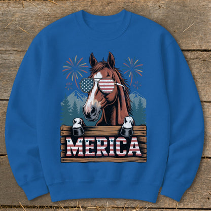 Horse wearing American flag sunglasses and saying MERICA with fireworks.