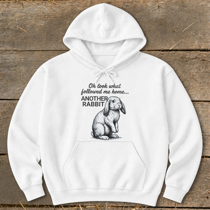 White hoodie with a sketch of a rabbit and text reading "Oh look what followed me home... ANOTHER RABBIT".