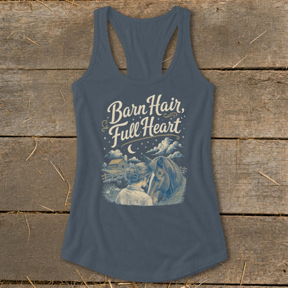 Graphic tank top with "Barn Hair, Full Heart" text and horse farm scene.