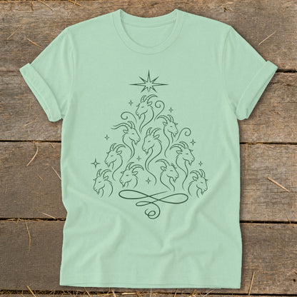 Light green t-shirt with a Christmas tree formed from many goats and a star.
