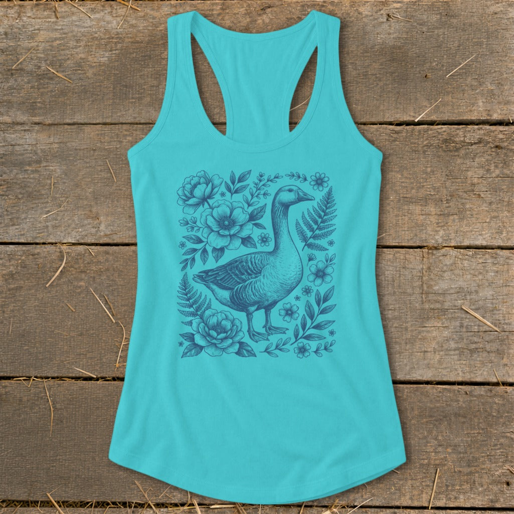 Turquoise racerback tank top with a blue goose and floral sketch design.
