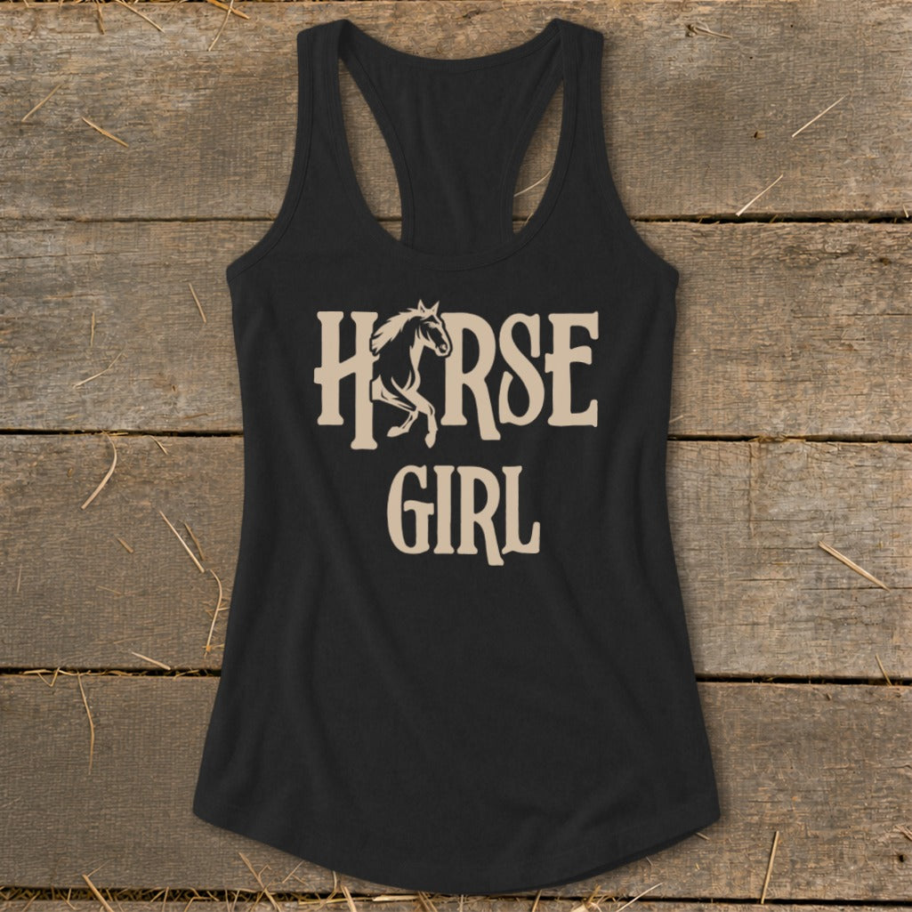 Black racerback tank top with "HORSE GIRL" text and horse graphic.