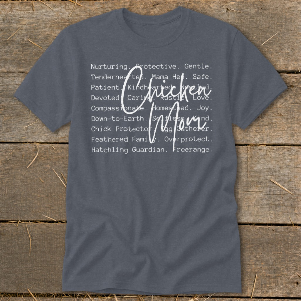 Dark grey t-shirt with "Chicken Mom" in script and descriptive words.
