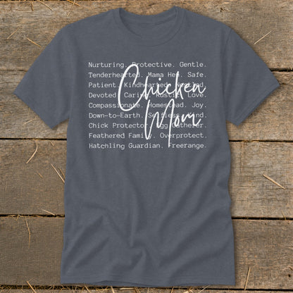 Dark grey t-shirt with "Chicken Mom" in script and descriptive words.