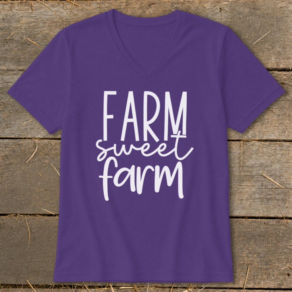Purple v-neck t-shirt with white text that reads "FARM sweet farm".
