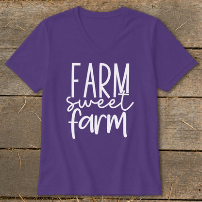 Purple v-neck t-shirt with white text that reads "FARM sweet farm".