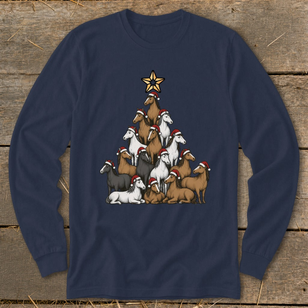Christmas tree made of horses wearing Santa hats with a star on top.