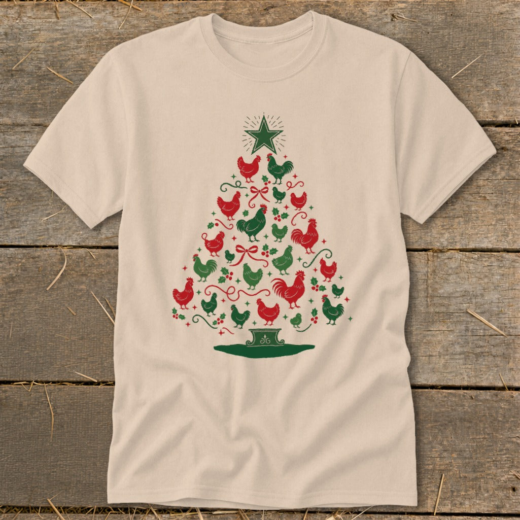 T-shirt with a Christmas tree shape made of red and green chickens.